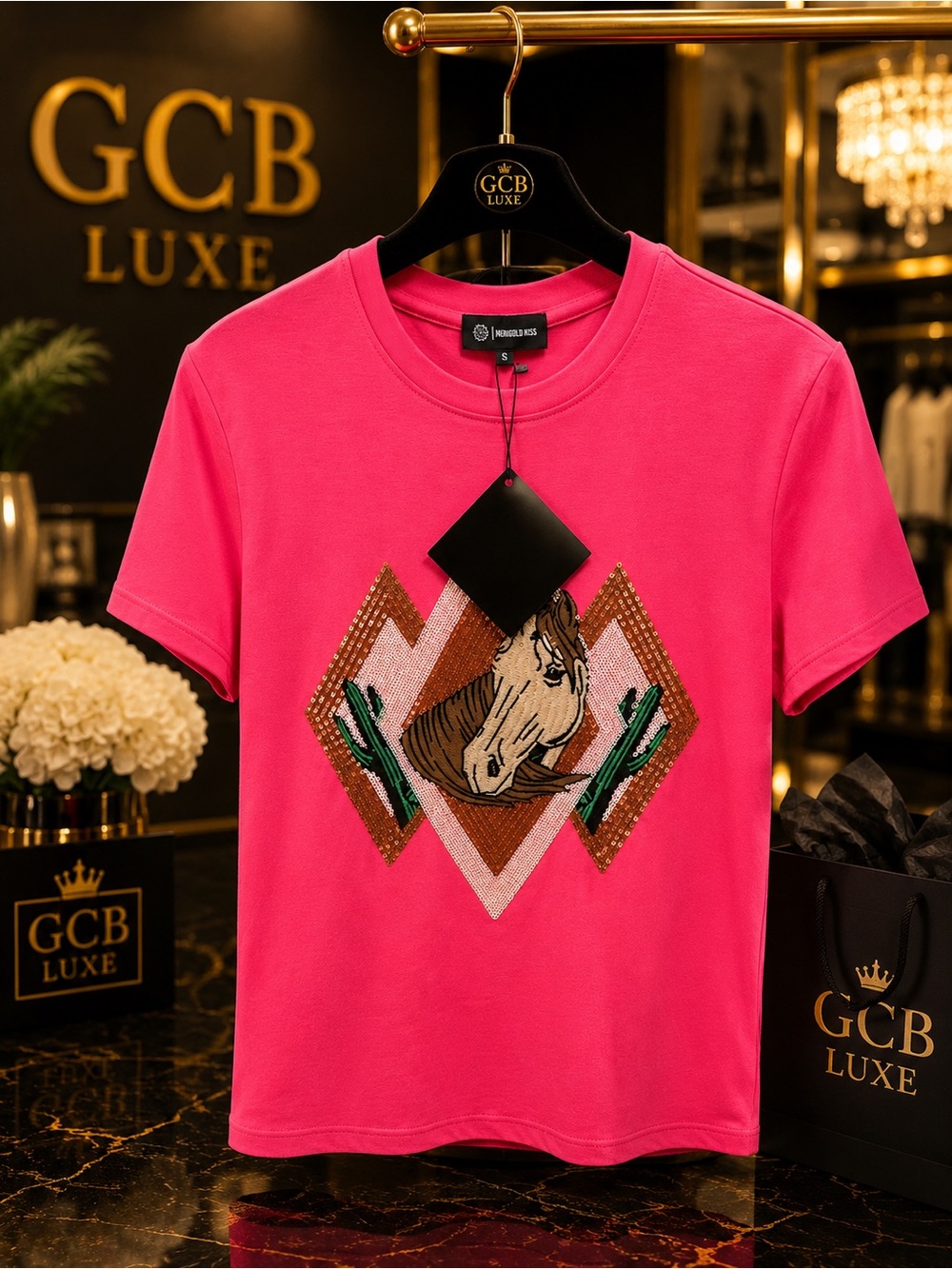 Pink Graphic Horse Embroidered T-Shirt